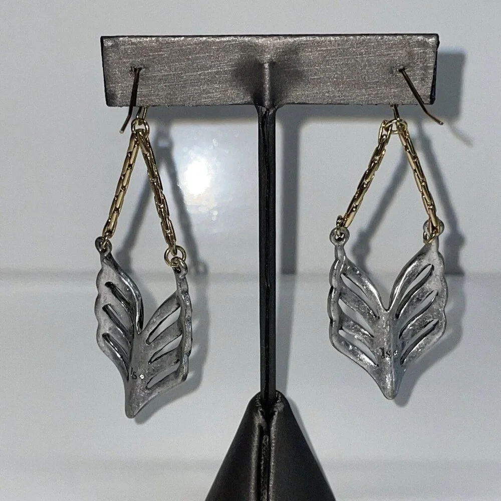 Feather Earrings Silver & Gold Tone Crystal Long Drop Statement Signed ls A246‎